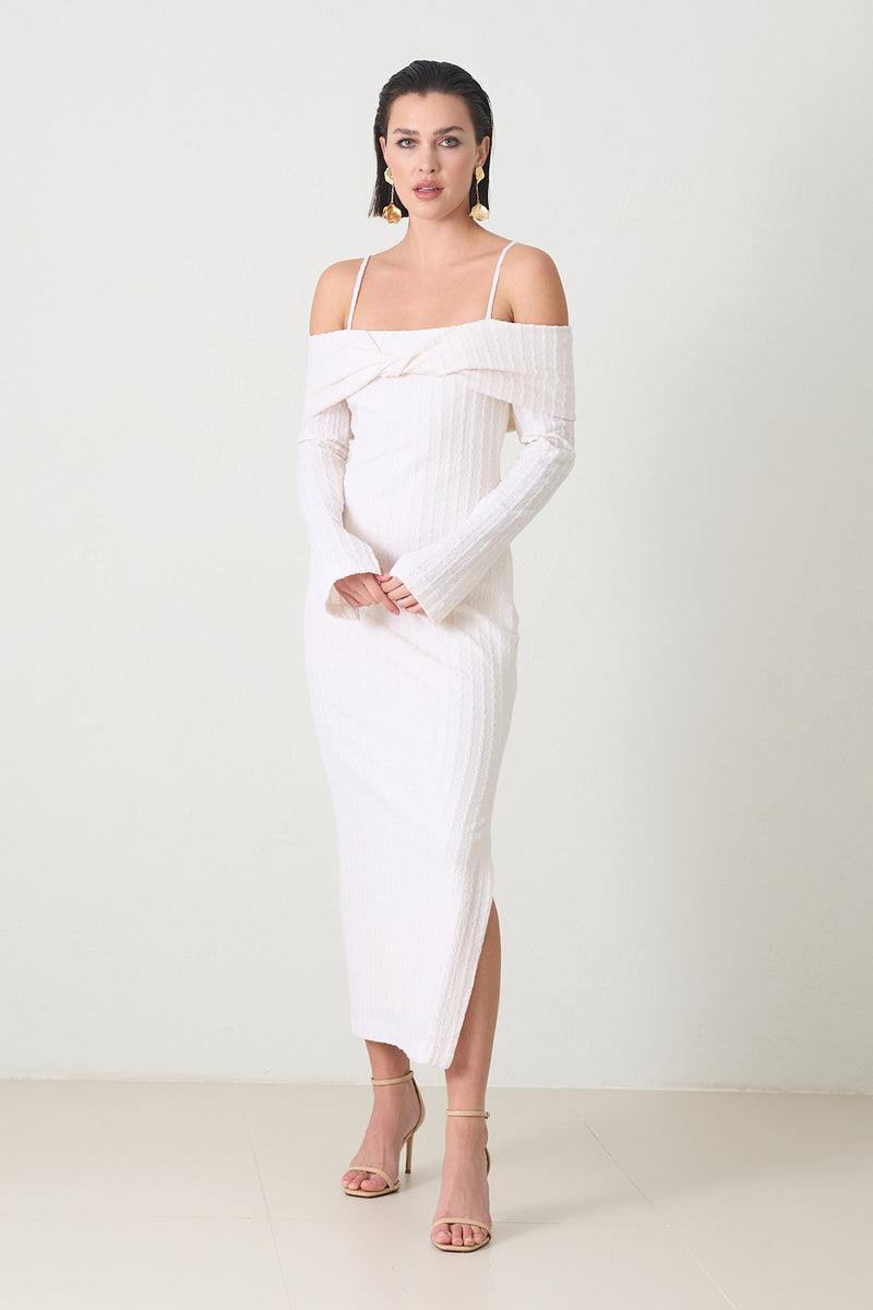 Setre Striped Detailed Off Shoulder Dress Cream