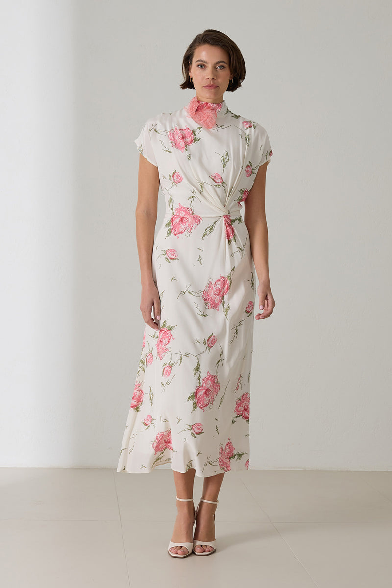 Setre Waist And Neck Detailed Patterned Dress Ecru