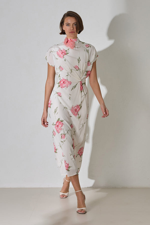 Setre Waist And Neck Detailed Patterned Dress Ecru