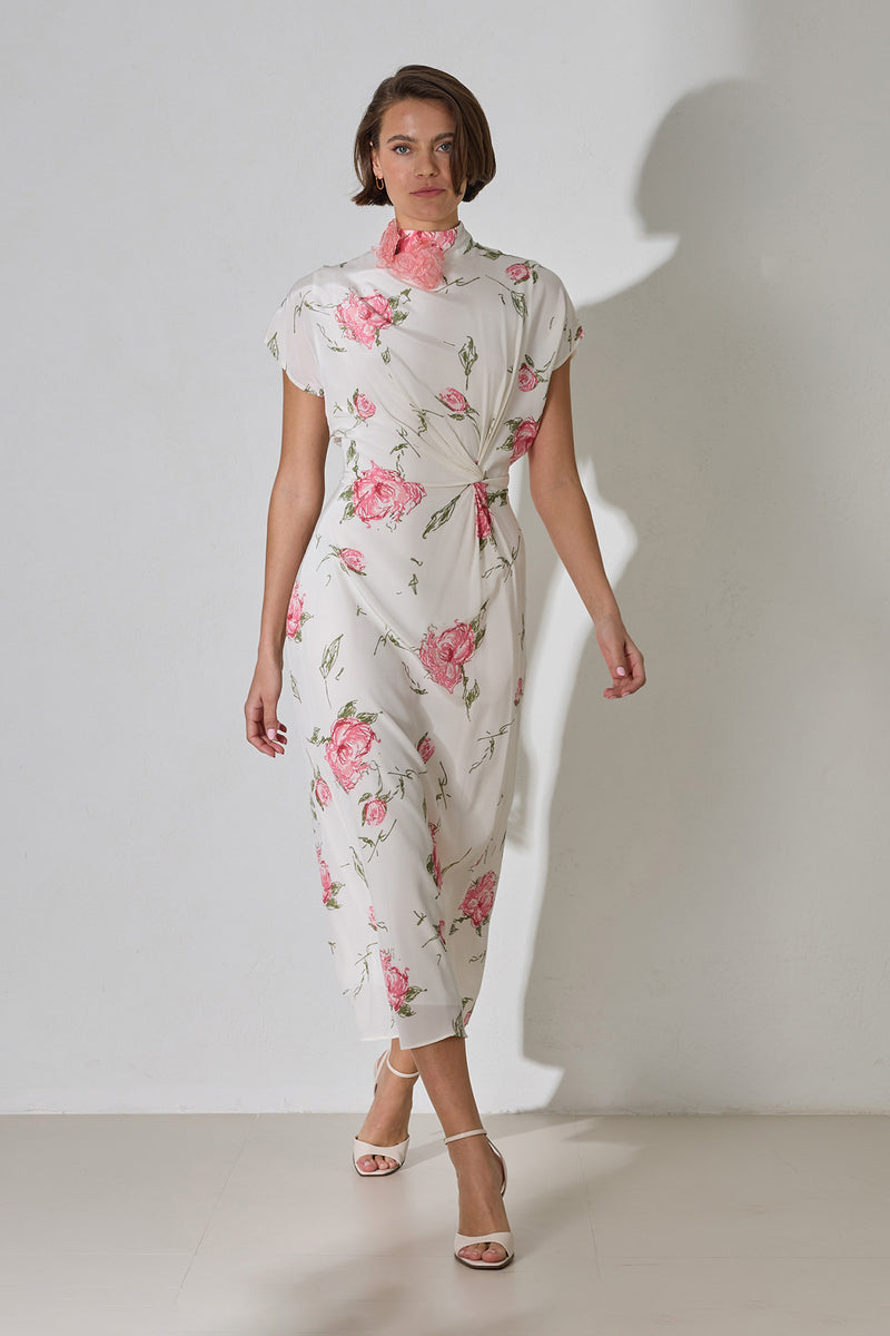 Setre Waist And Neck Detailed Patterned Dress Ecru