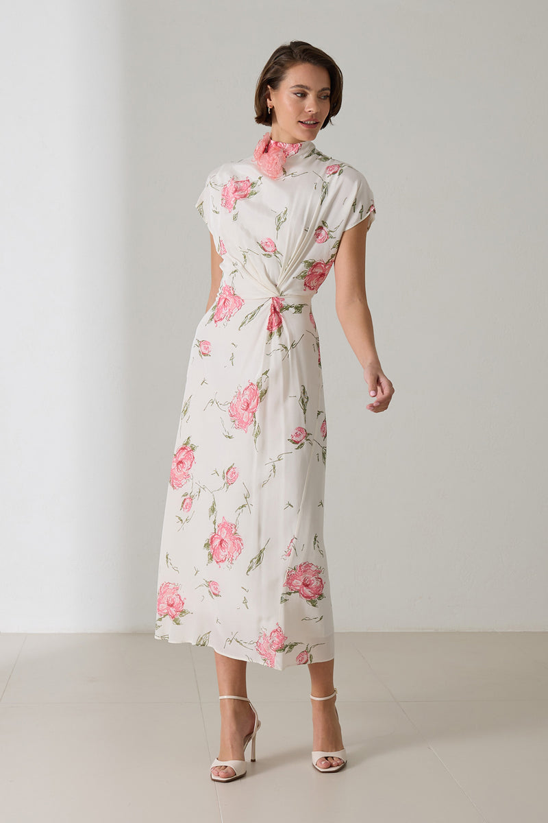 Setre Waist And Neck Detailed Patterned Dress Ecru