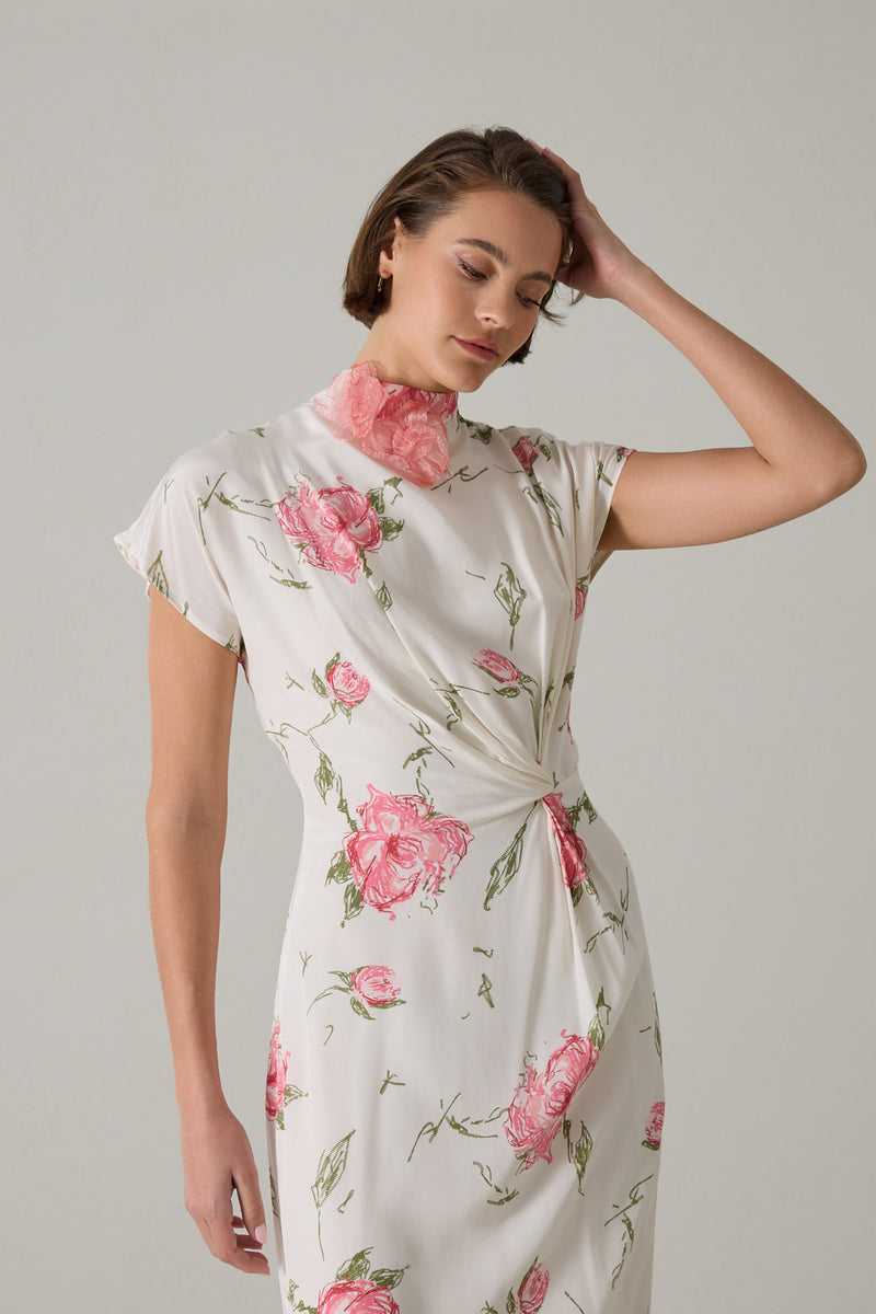 Setre Waist And Neck Detailed Patterned Dress Ecru