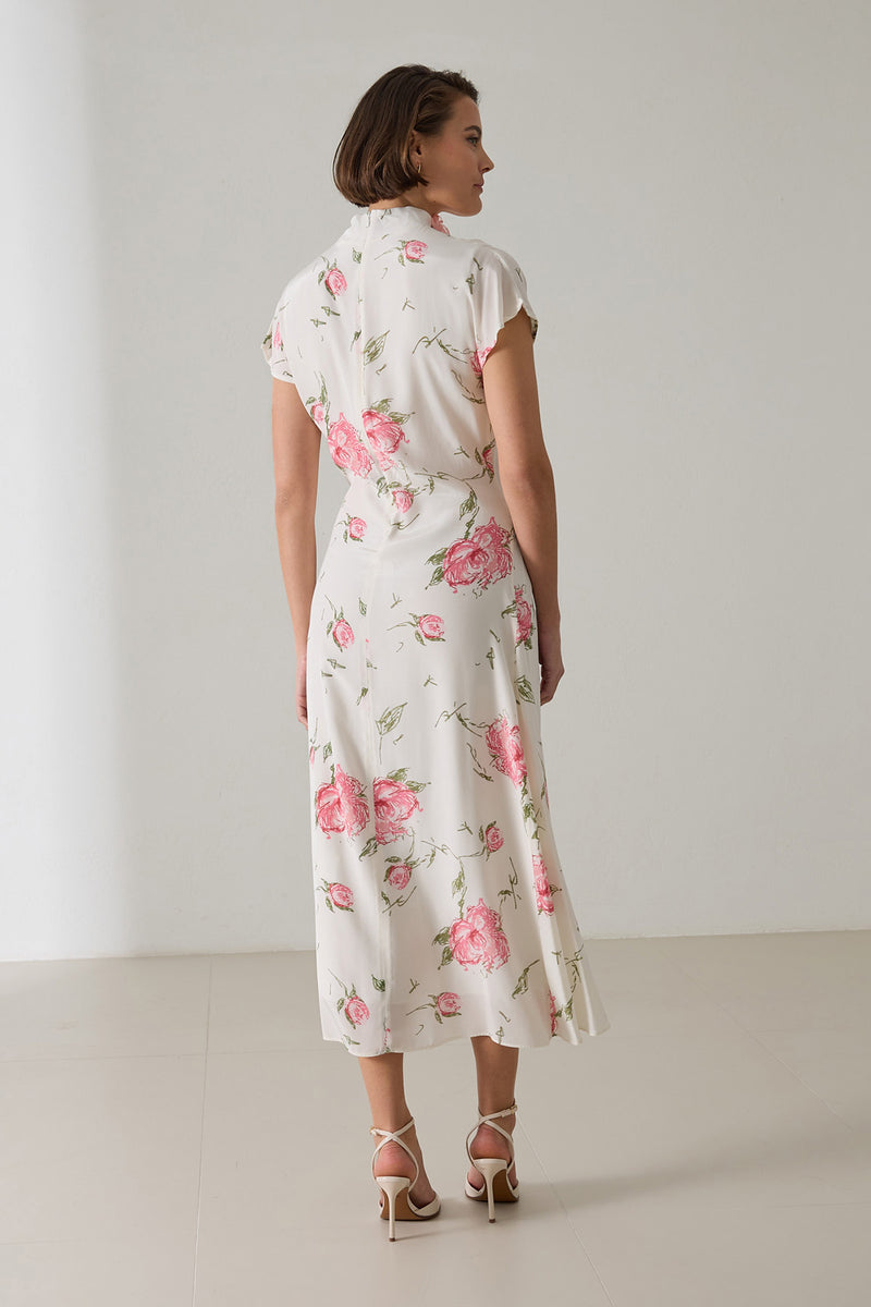 Setre Waist And Neck Detailed Patterned Dress Ecru