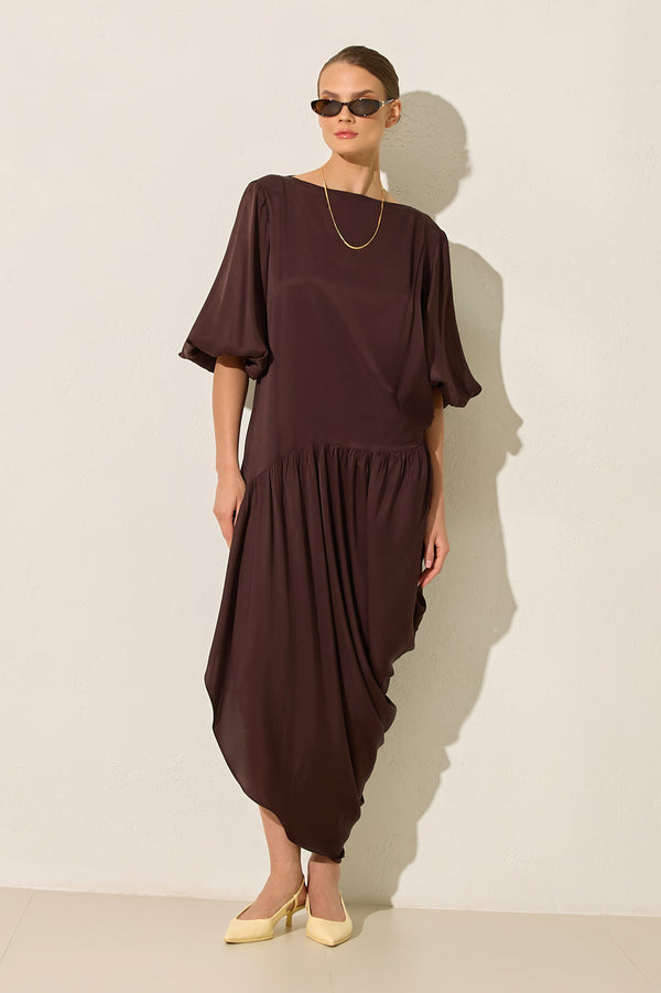 Setre Pleated Bishop Sleeves Dress Coffee Brown