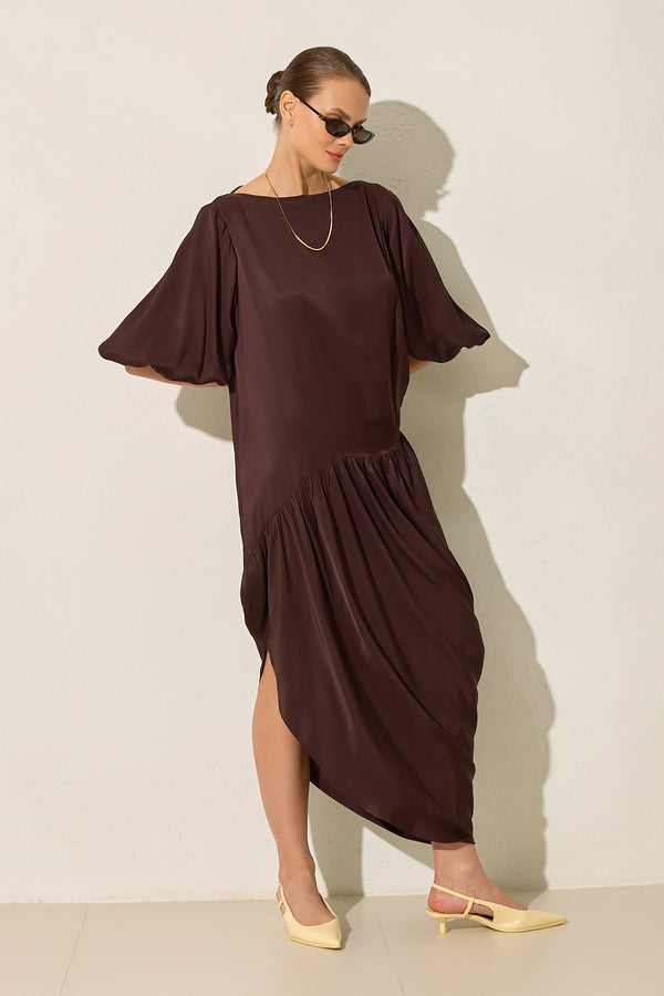 Setre Pleated Bishop Sleeves Dress Coffee Brown