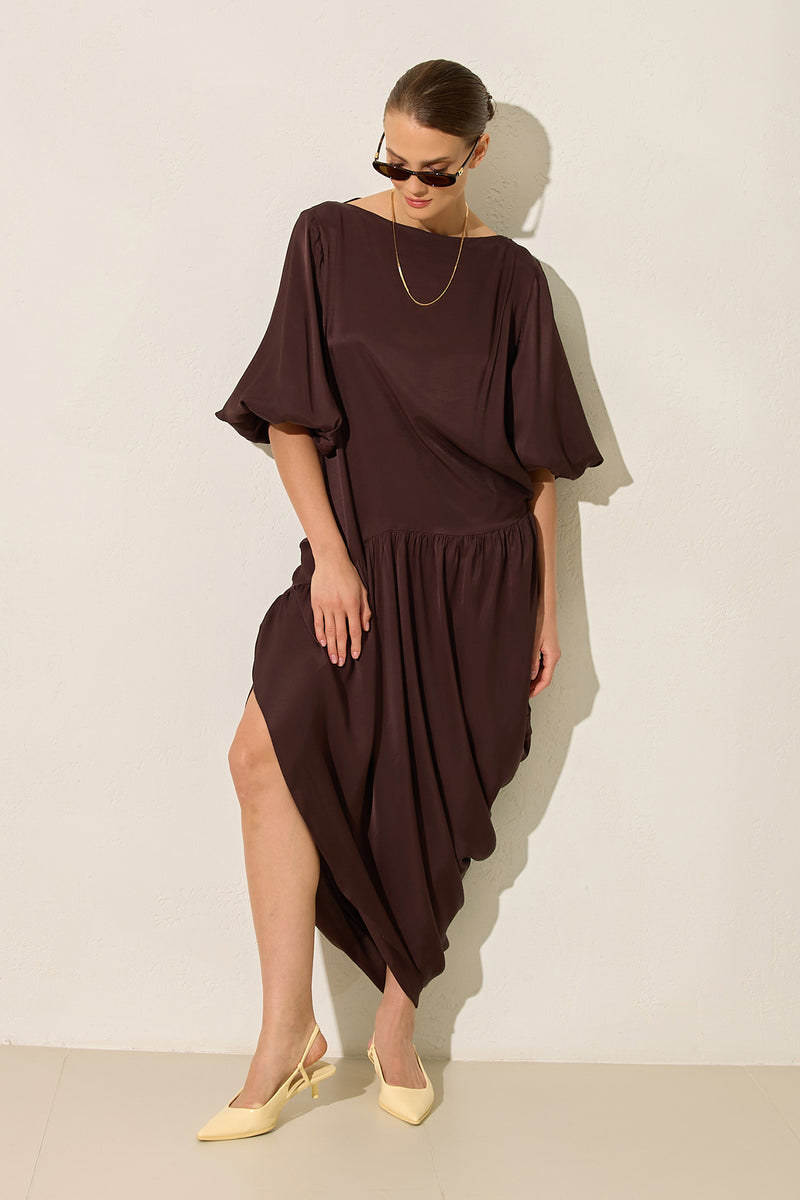 Setre Pleated Bishop Sleeves Dress Coffee Brown