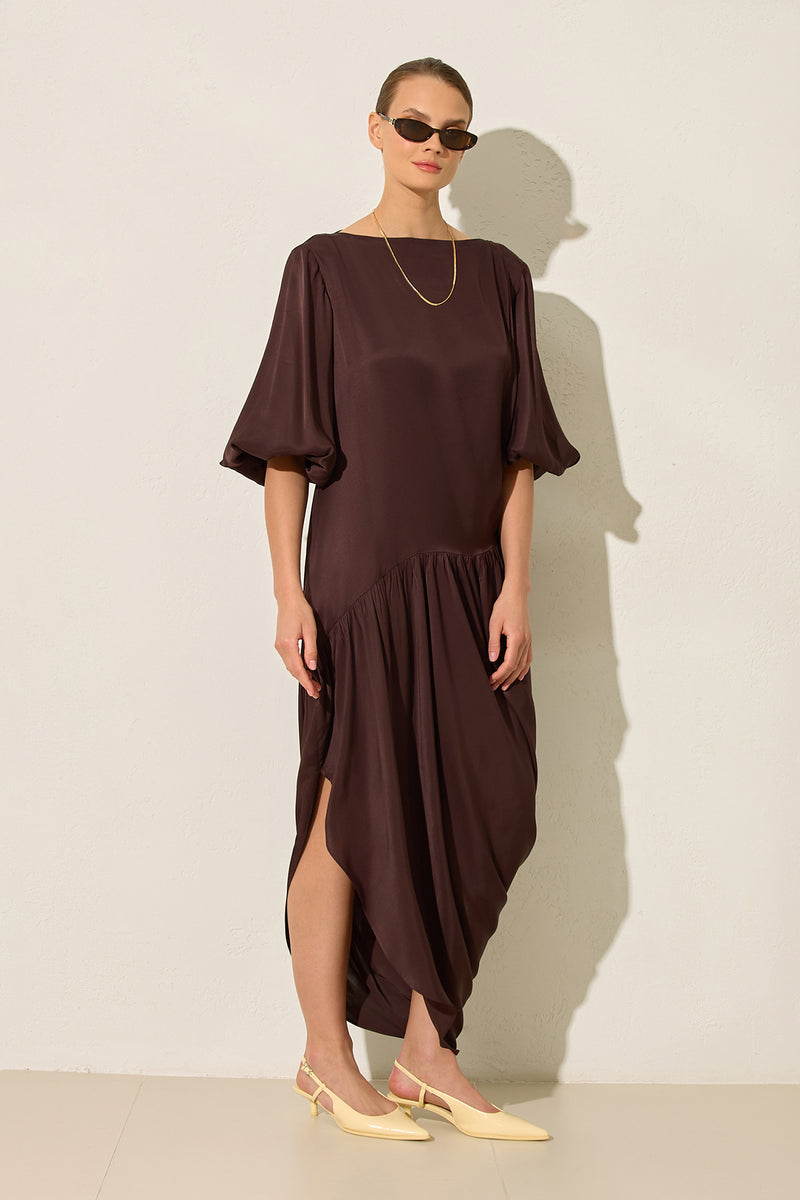 Setre Pleated Bishop Sleeves Dress Coffee Brown