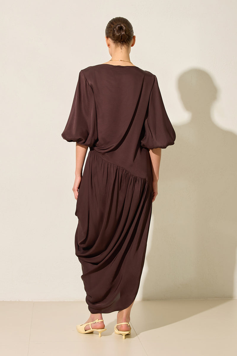 Setre Pleated Bishop Sleeves Dress Coffee Brown