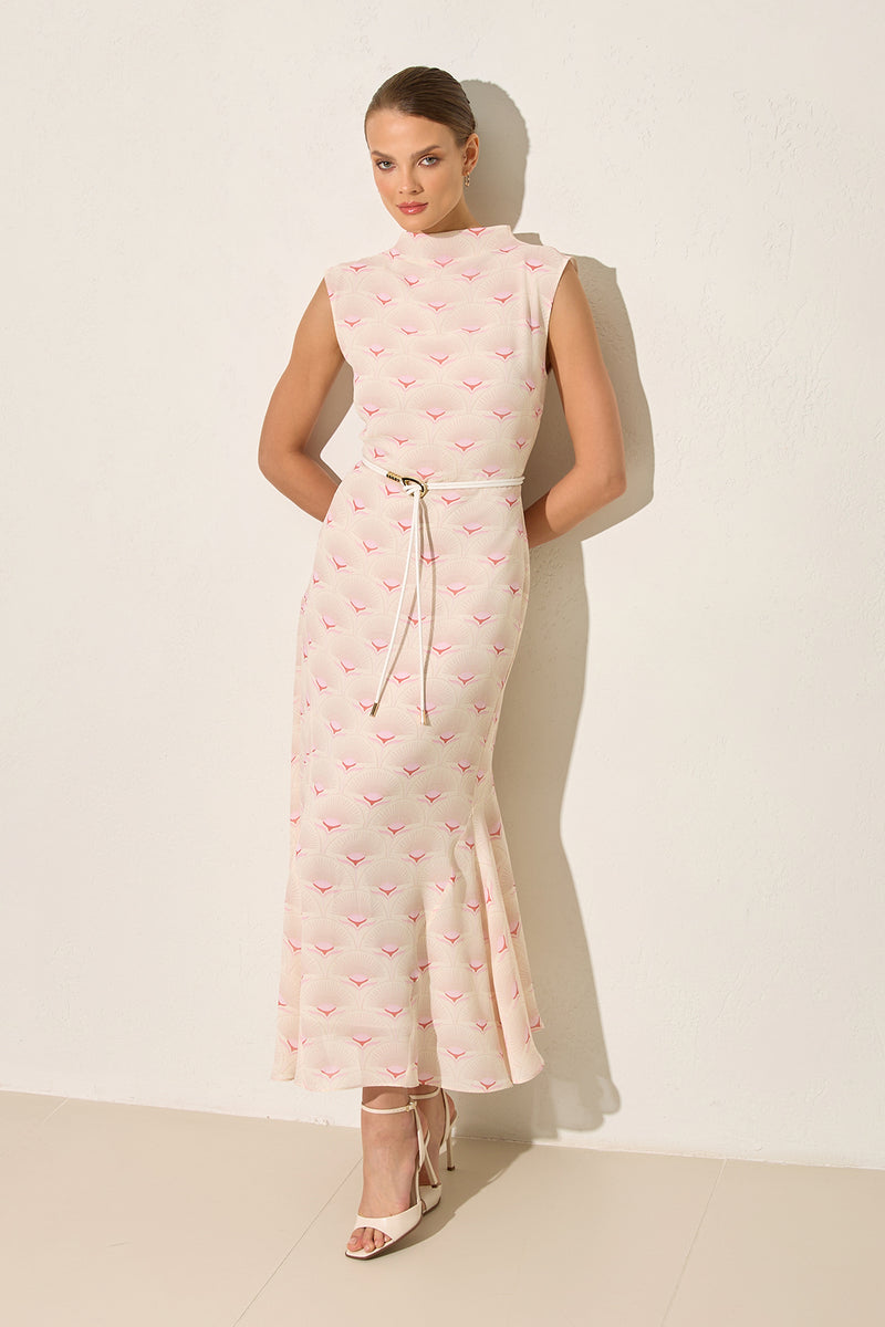 Setre Contrast Flared Belted Dress Pink-Cream