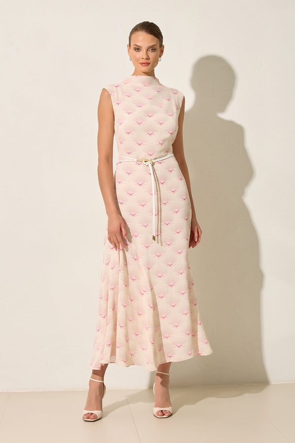 Setre Contrast Flared Belted Dress Pink-Cream
