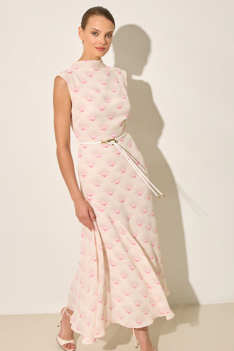 Setre Contrast Flared Belted Dress Pink-Cream