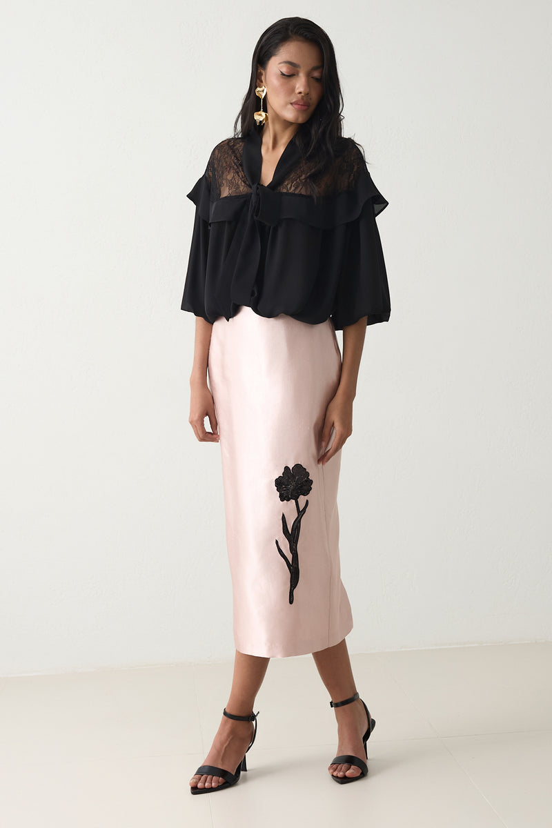 Setre Flower-Embroidered Skirt Dark Powder