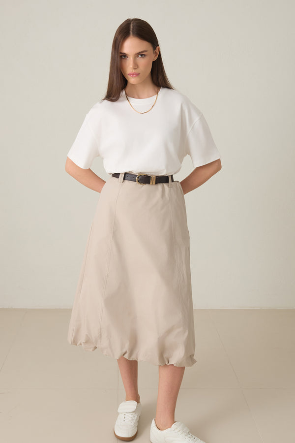 Setre Belt Detailed Midi Length Balloon Skirt Beige