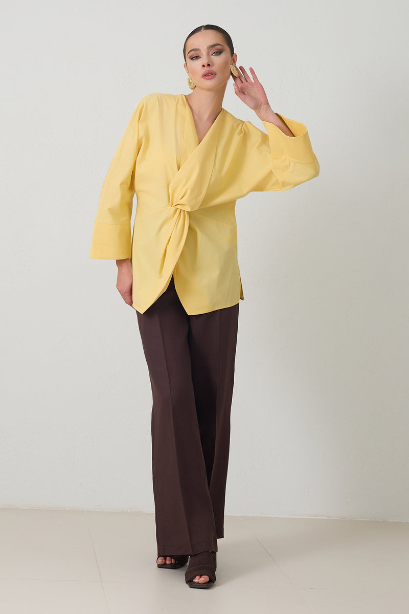 Setre V Neck Gathered Detail Cotton Shirt Light Yellow