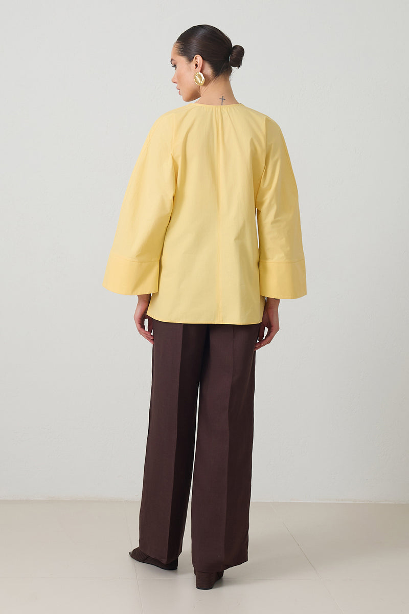 Setre V Neck Gathered Detail Cotton Shirt Light Yellow