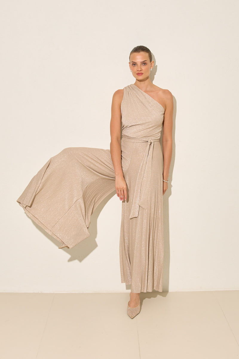 Setre One Shoulder Lurex Suit Beige