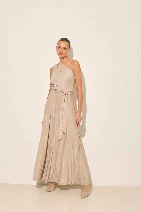 Setre One Shoulder Lurex Suit Beige