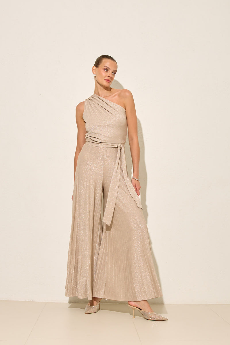 Setre One Shoulder Lurex Suit Beige
