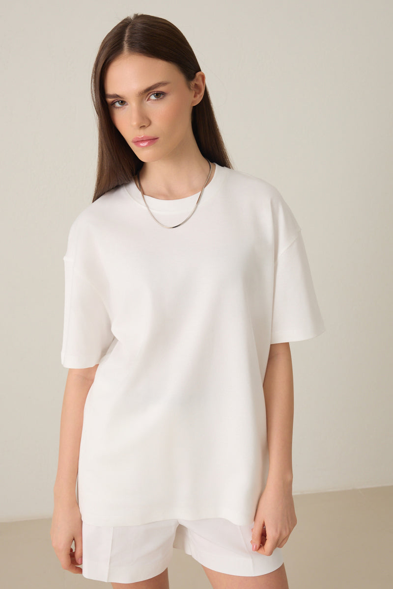 Setre Cotton Basic Short Sleeve Oversize T-Shirt Ecru