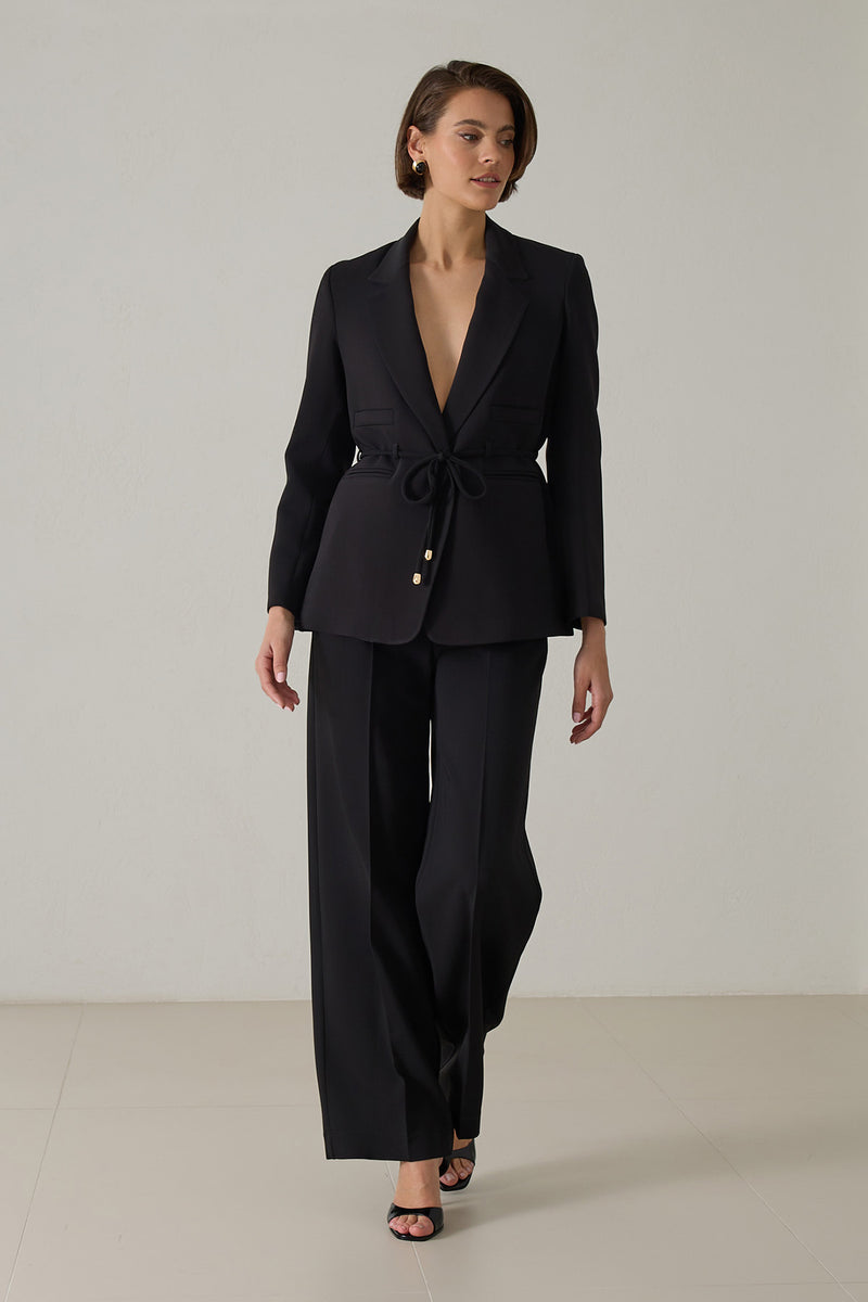 Setre Waist Tie And Pocket Detailed Jacket, Relaxed Cut Trouser Suit Black