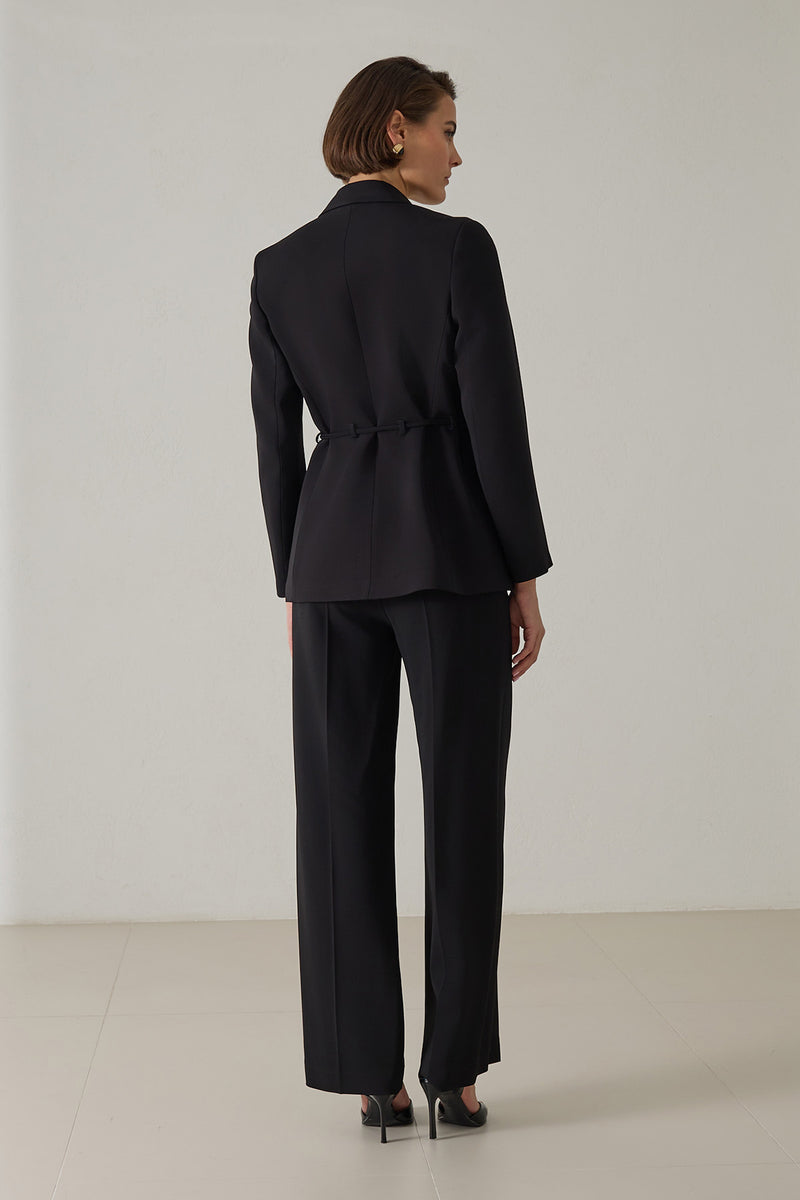 Setre Waist Tie And Pocket Detailed Jacket, Relaxed Cut Trouser Suit Black
