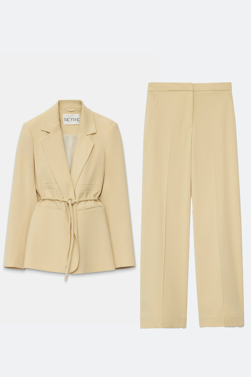 Setre Waist Tie And Pocket Detailed Jacket, Relaxed Cut Trouser Suit Light Yellow