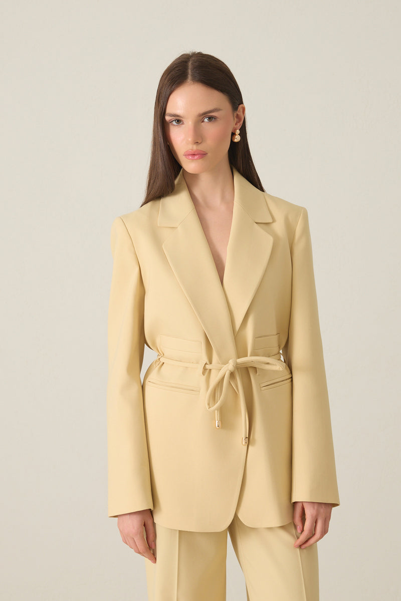 Setre Waist Tie And Pocket Detailed Jacket, Relaxed Cut Trouser Suit Light Yellow