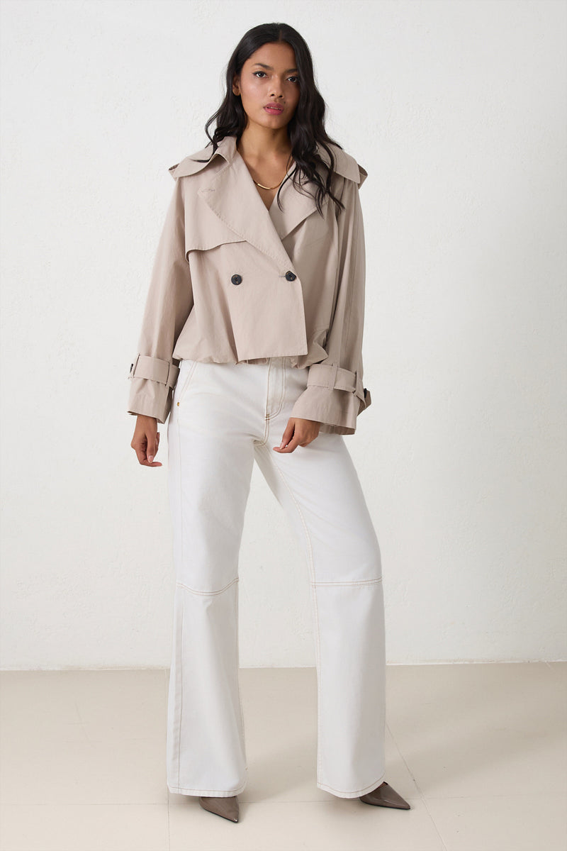 Setre Trench Coat With Collar And Asymmetrical Closure Detail Beige