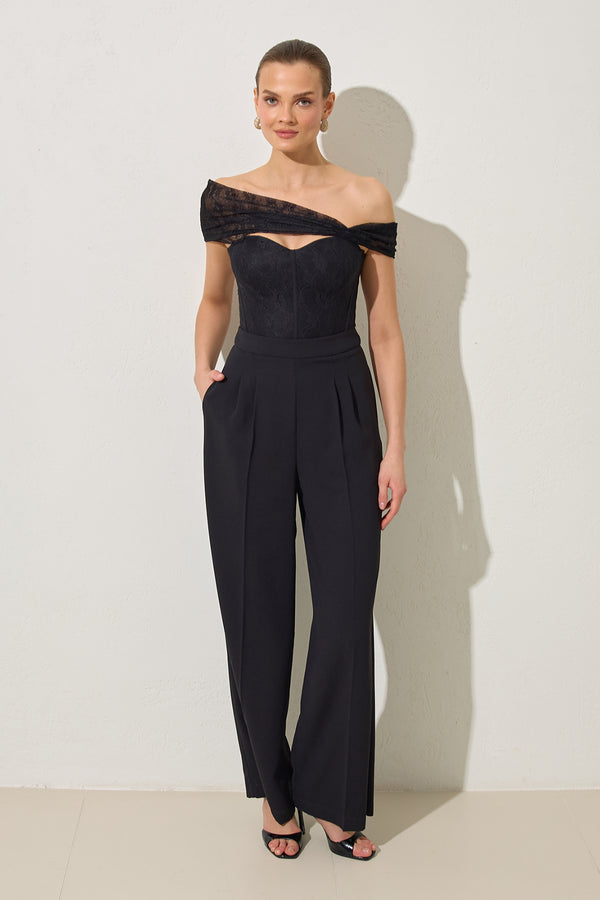 Setre Sleeve And Lace Detailed Trouser Jumpsuit Black