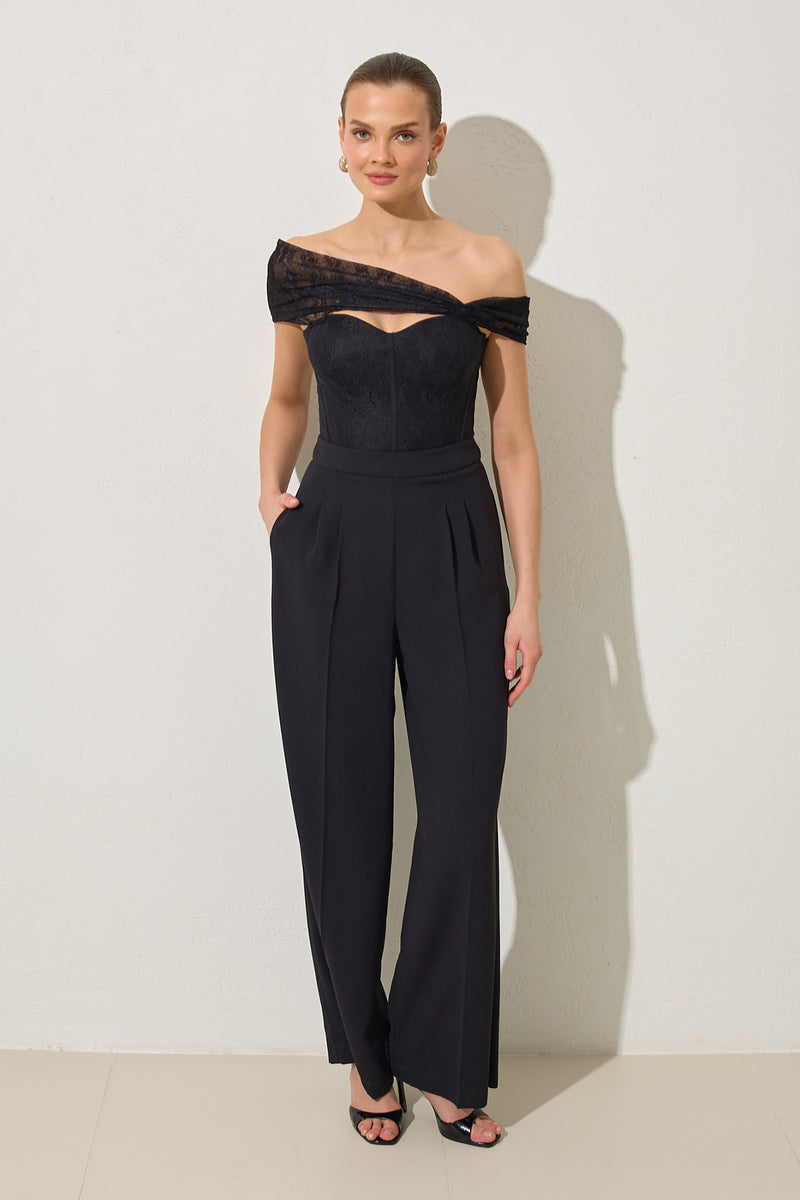 Setre Sleeve And Lace Detailed Trouser Jumpsuit Black