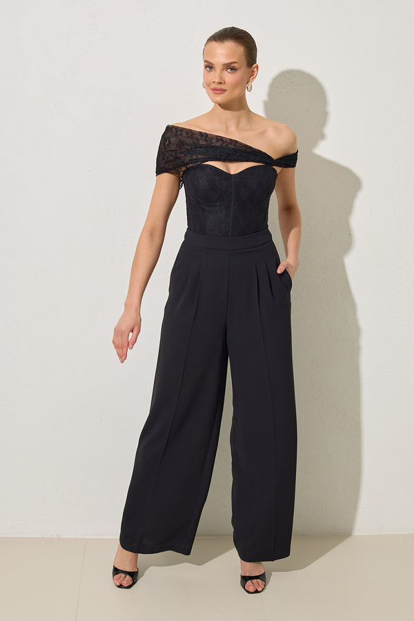 Setre Sleeve And Lace Detailed Trouser Jumpsuit Black