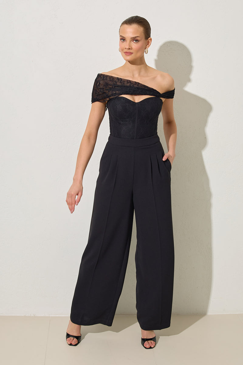 Setre Sleeve And Lace Detailed Trouser Jumpsuit Black