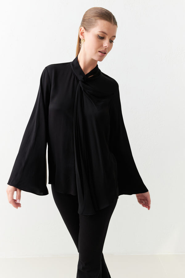 Setre Asymmetrical Neck Detailed Long Sleeve Blouse Black