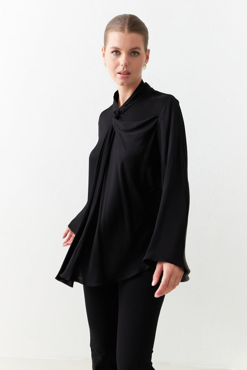 Setre Asymmetrical Neck Detailed Long Sleeve Blouse Black