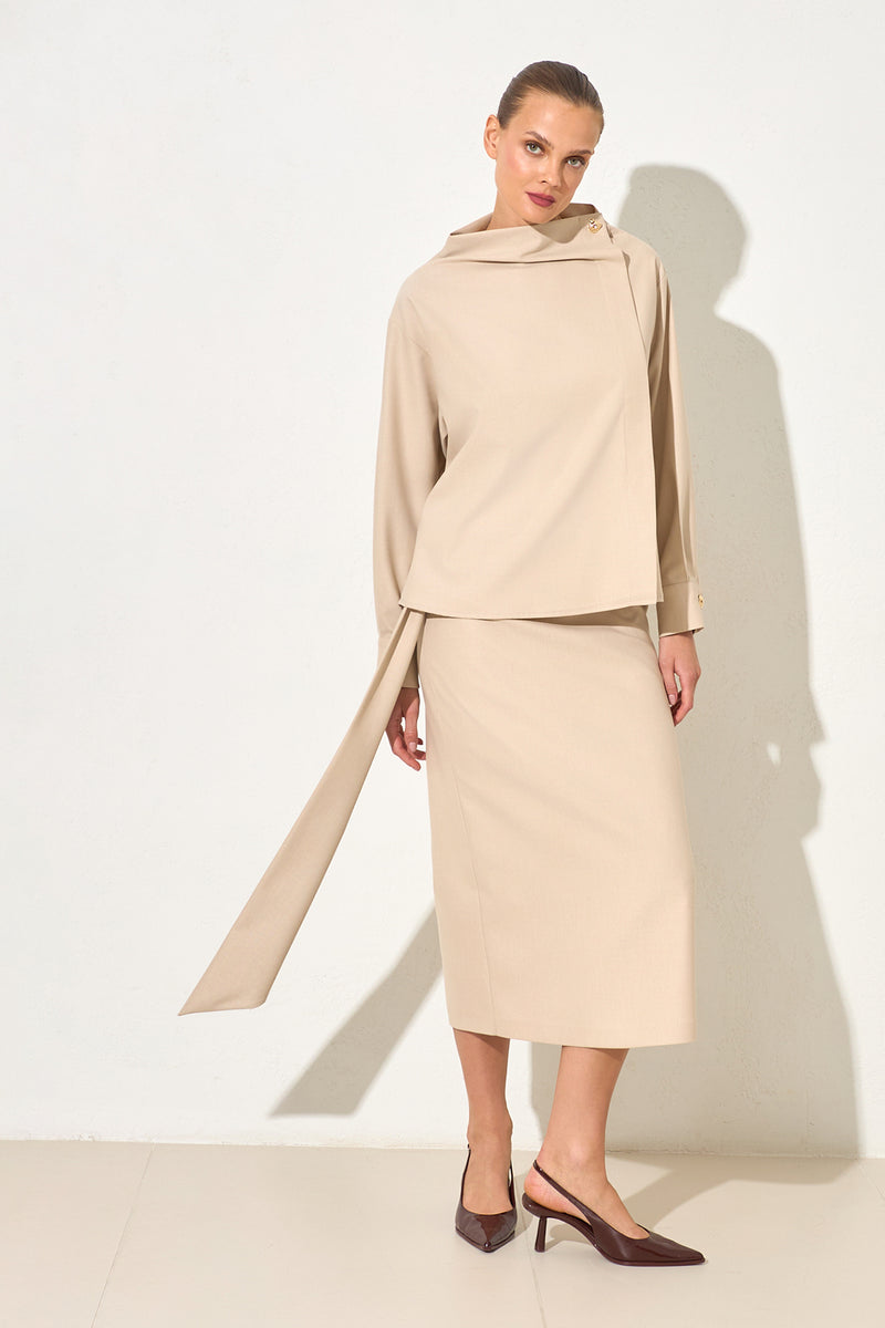 Setre Button-Down Detailed Long Sleeve Blouse Beige