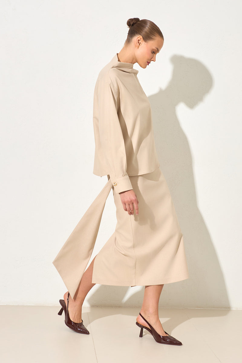 Setre Button-Down Detailed Long Sleeve Blouse Beige