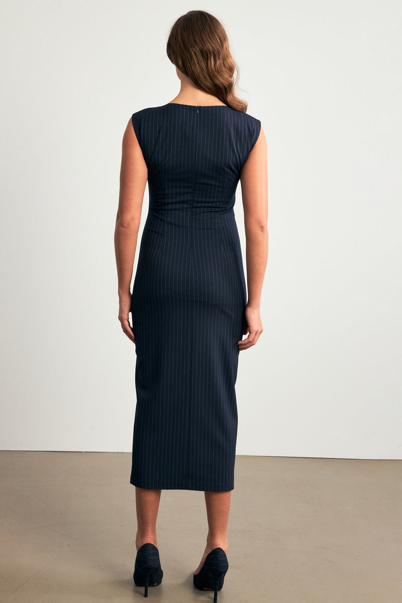 Setre Striped Waist Gather Detailed Dress Navy