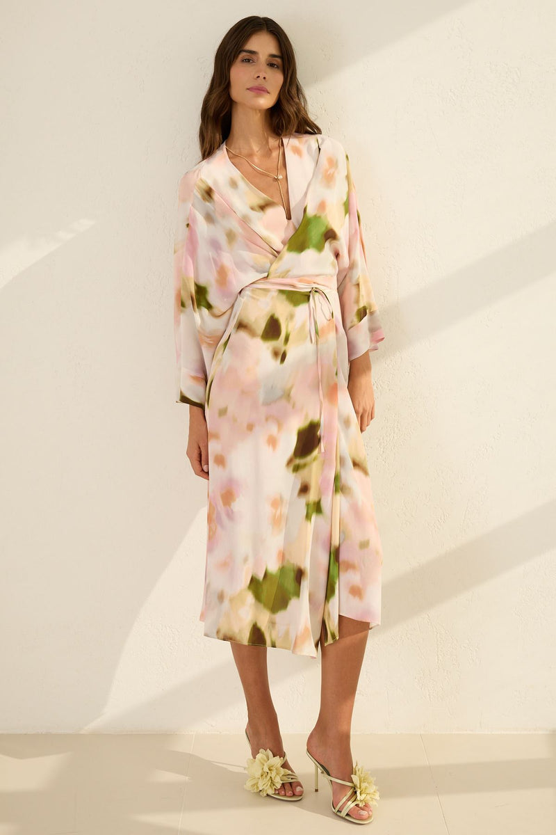 Setre V-Neck Sleeve And Tie Detail Printed Dress Powder Pink