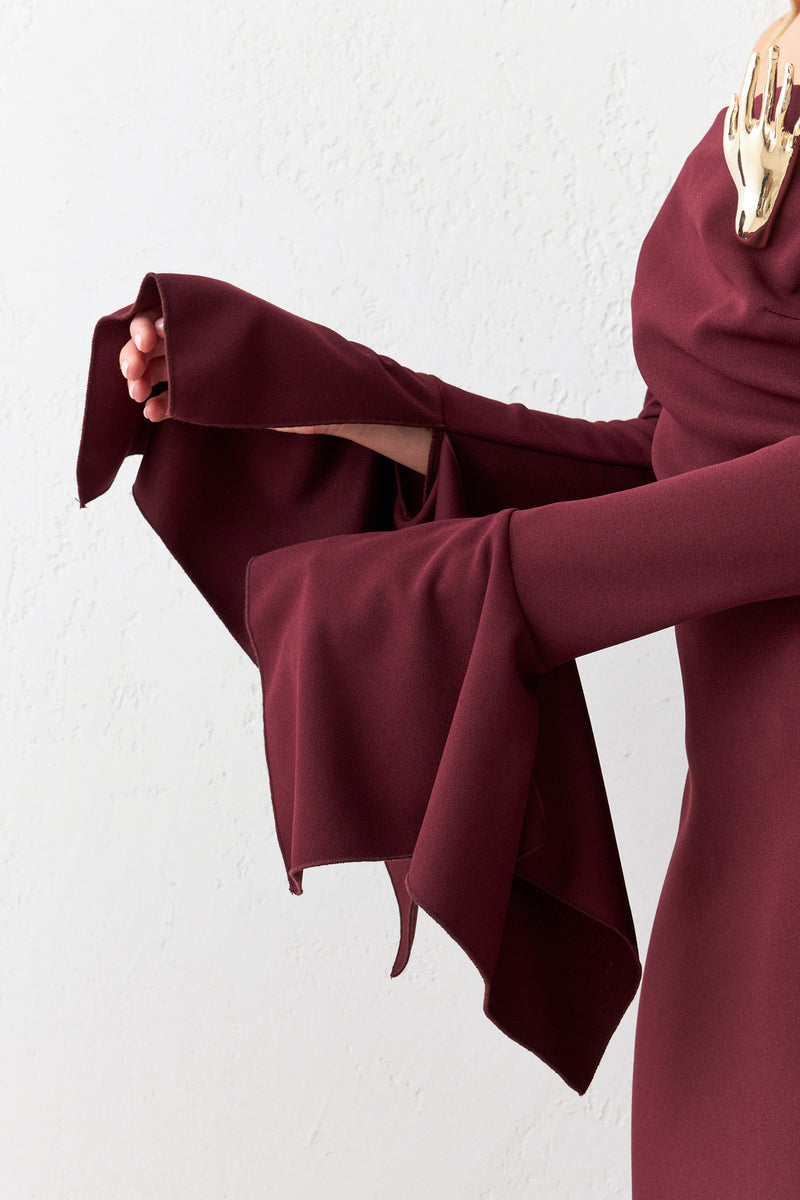 Setre Full Fit Midi Dress With Shoulder And Sleeve Detail Burgundy