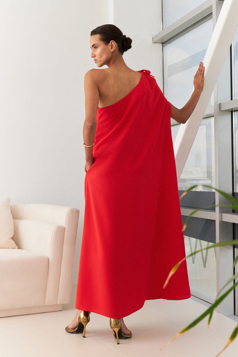 Setre One Shoulder Midi Dress Red