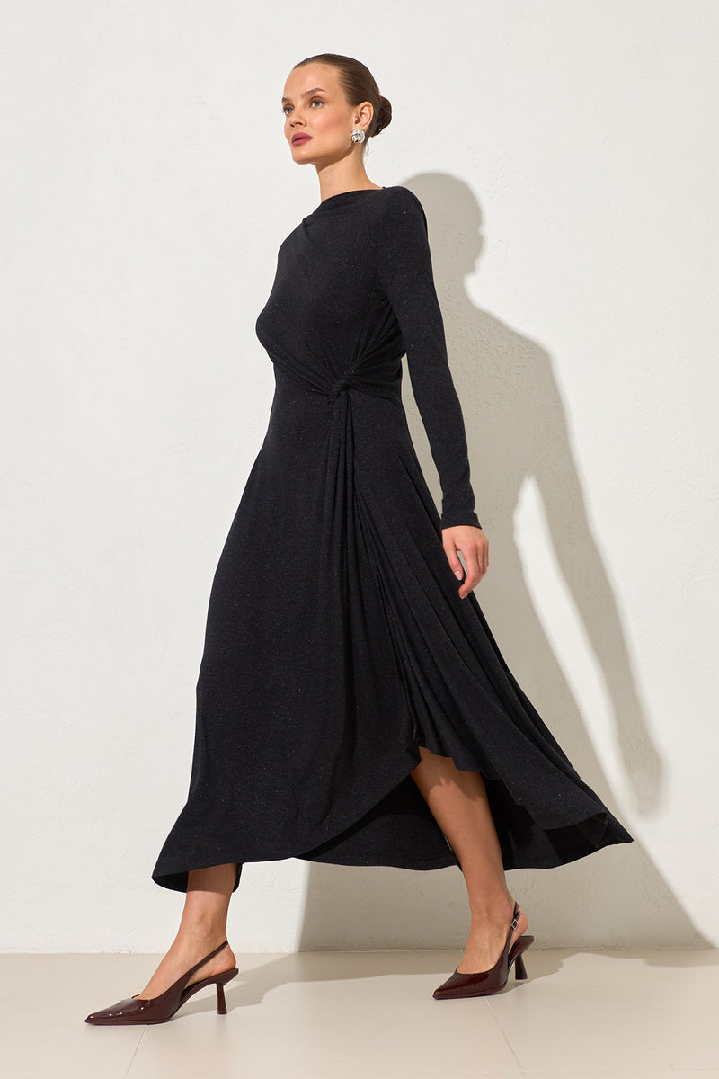 Setre Waist Gather Detailed Long Sleeve Dress Black