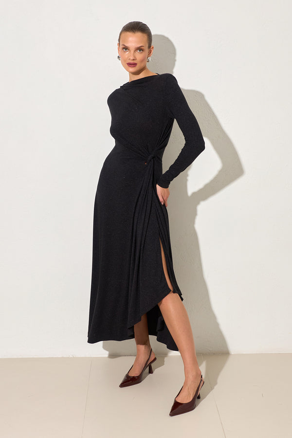 Setre Waist Gather Detailed Long Sleeve Dress Black