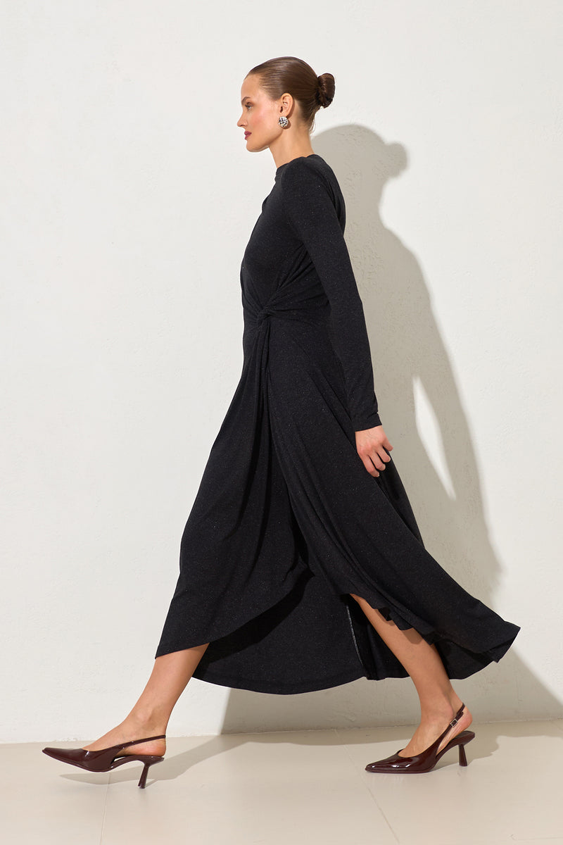 Setre Waist Gather Detailed Long Sleeve Dress Black