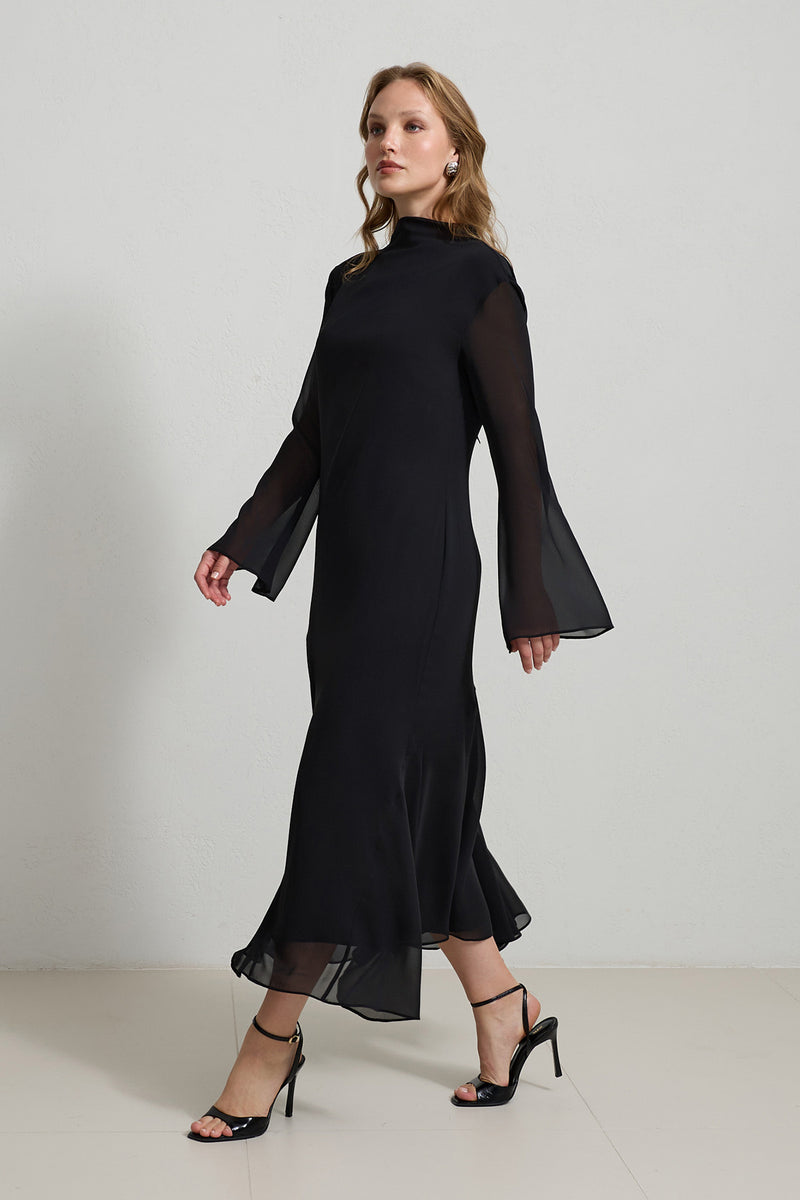 Setre Transparent Sleeve Solid Dress Black