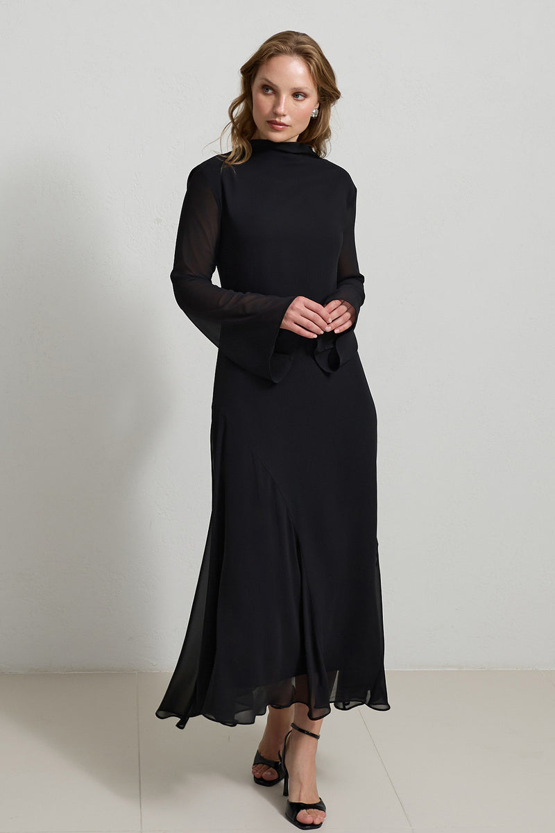 Setre Transparent Sleeve Solid Dress Black