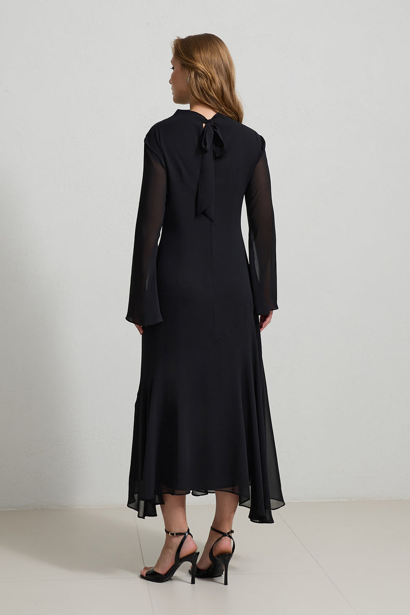 Setre Transparent Sleeve Solid Dress Black