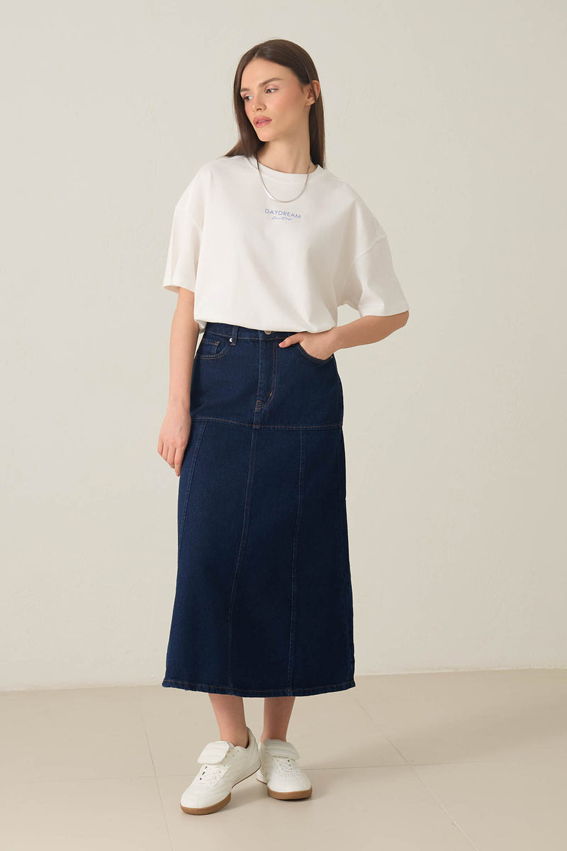 Setre Chain Belt And Stitch Detailed Denim Skirt Navy