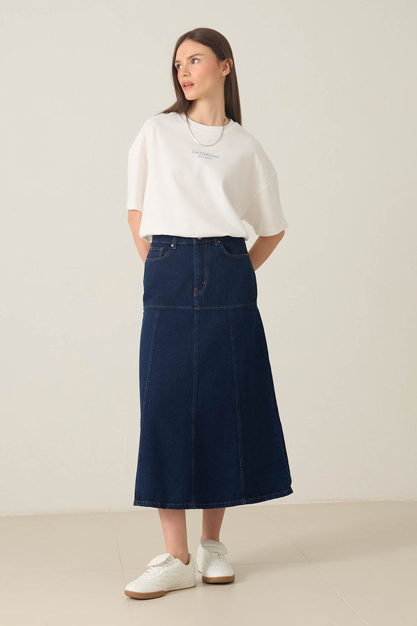 Setre Chain Belt And Stitch Detailed Denim Skirt Navy