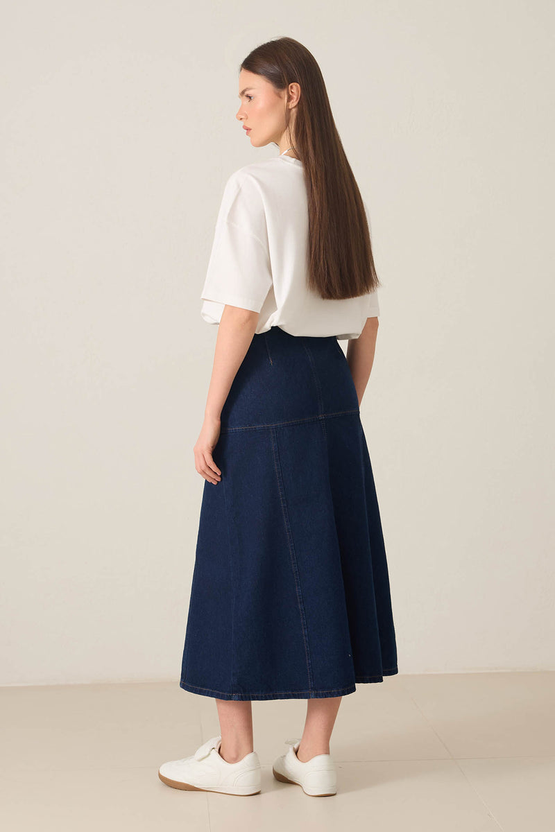 Setre Chain Belt And Stitch Detailed Denim Skirt Navy