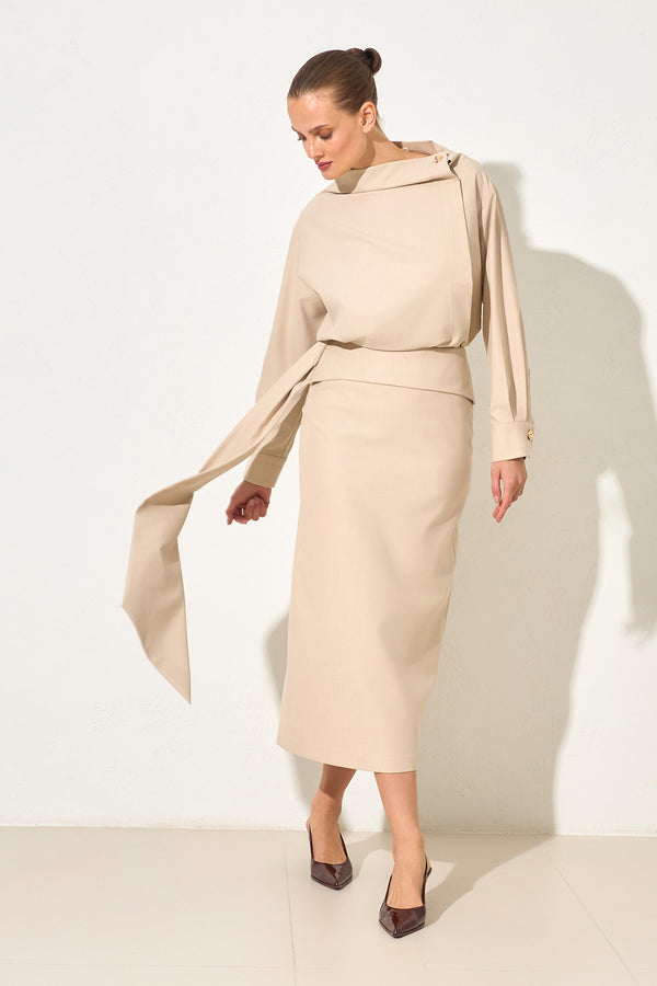 Setre Waist Detailed Midi Skirt Beige